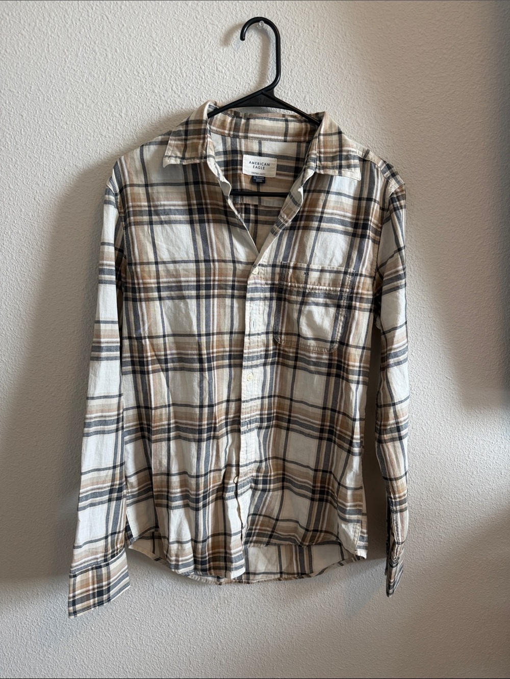 American Eagle Outfitters Plaid Button-Down Shirt in Tan and Cream